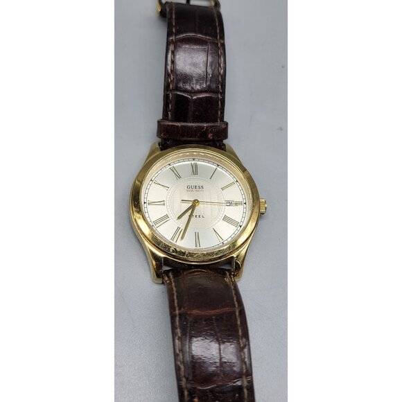 Guess Steel Mens Watch 39mm Gold Plated Case 7.25" Crocodile Leather Band VTG - Picture 16 of 16